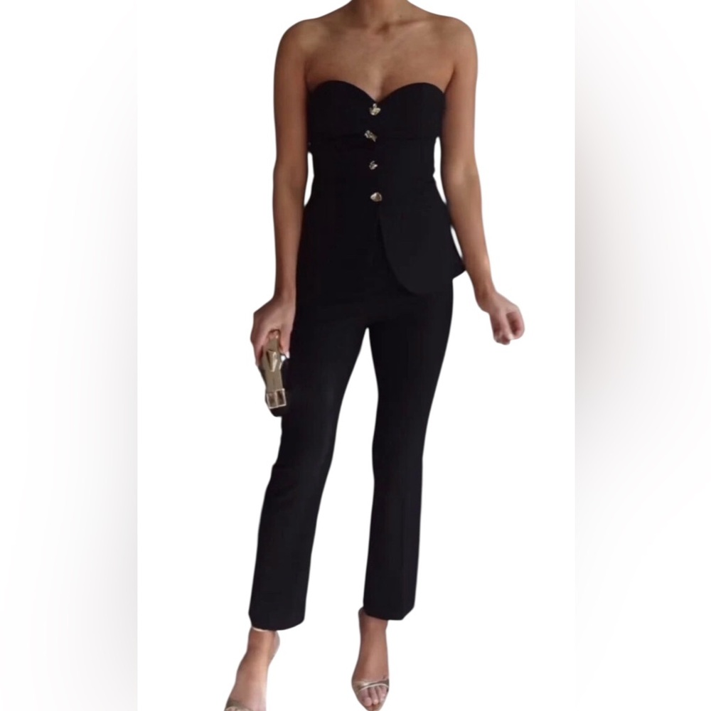 Zara Tailored Strapless Jumpsuit with Abstract Gold Buttons Sz XS